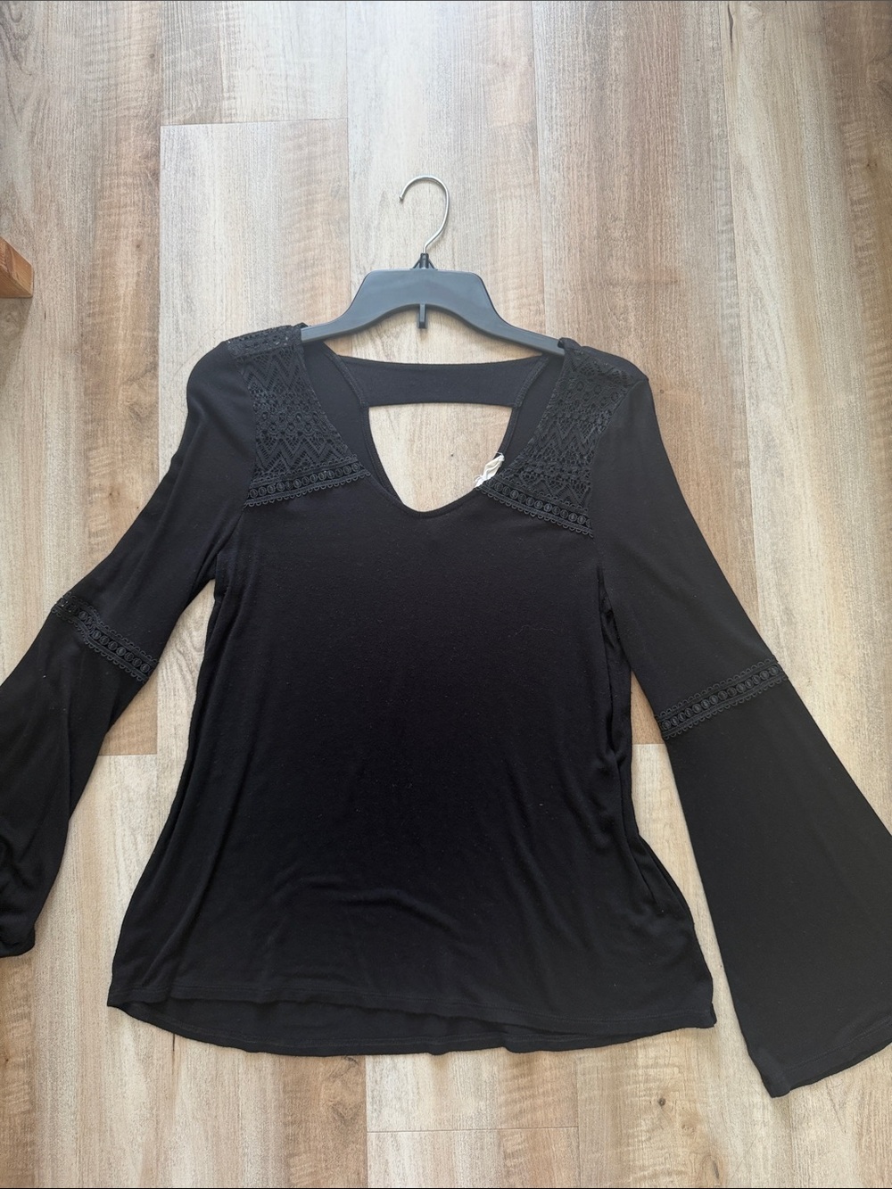 Hippie Rose Black Lace-Trim V-Neck Bell Sleeve Top